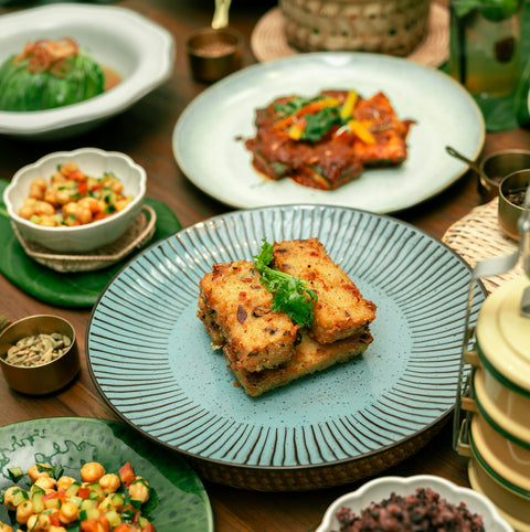 Traditional pan friendCantonese turnip cake, daikon from local grown farms in mid station Penang hill